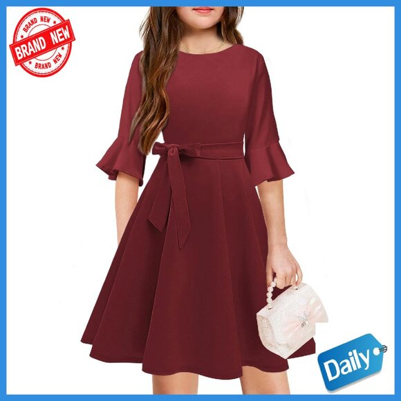 Girls Formal Midi Dress with Belt Knee-Length Bell Sleeves